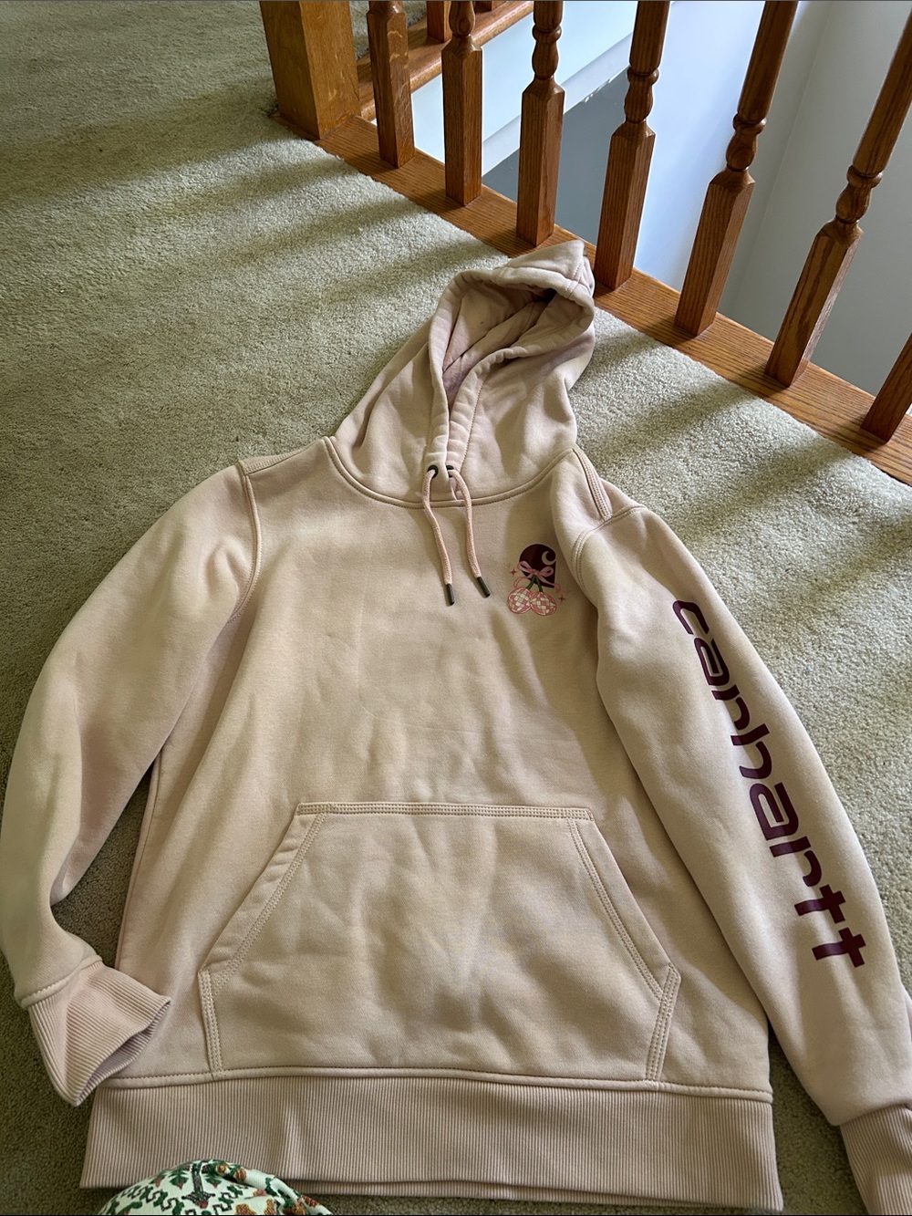 Carhartt Light Beige Graphic Hooded Sweatshirt with Plum Sleeve Logo